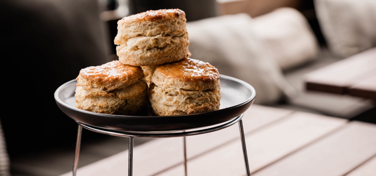 Biscuits and fruits on a serving platter