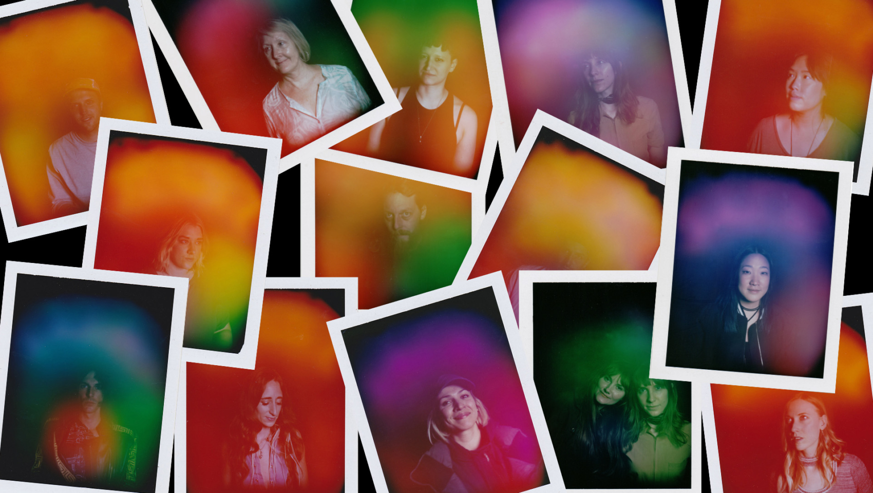 headshots of people in polaroid photos with colorful cloudy look overtop