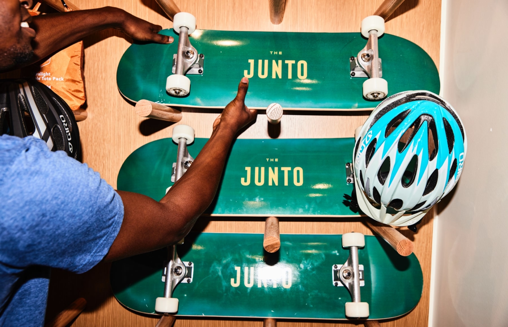 skateboards hanging on the wall