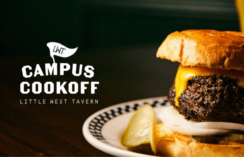 burger with beer in background and campus cookout logo