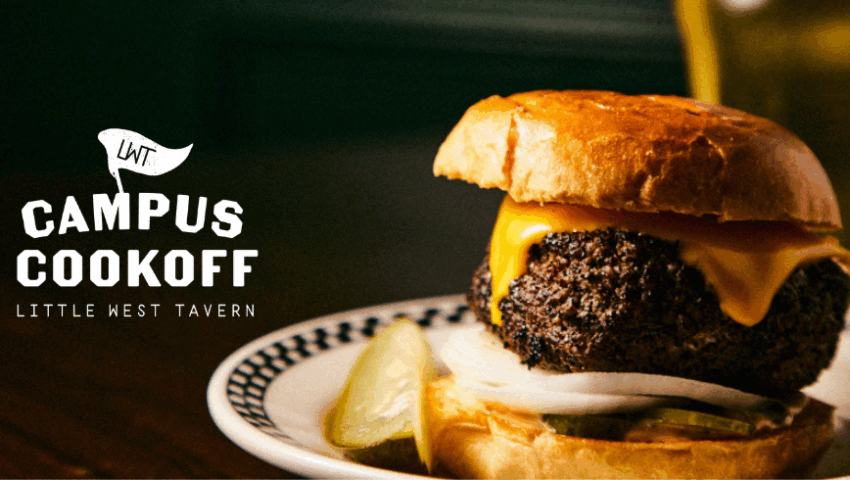 burger with beer in background and campus cookout logo
