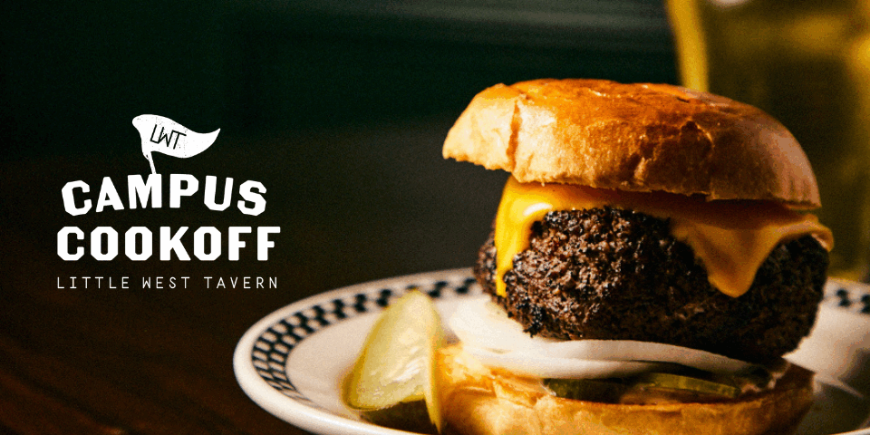 burger with beer in background and campus cookout logo